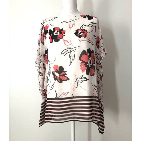 NWT Calvin Klein Chiffon Kaftan Blouse Size S White Floral Print Tunic Top - Picture 3 of 10